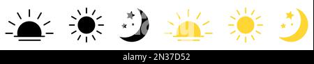 Set of rising or setting sun, crescent moon and stars. Vector illustration Stock Vector