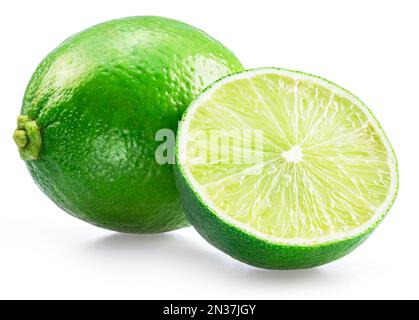Lime fruit and lime slice isolated on white background. Stock Photo