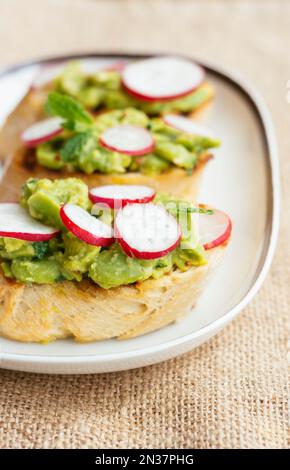 Bruschetta with Fava Beans, Radishes and Mint Stock Photo