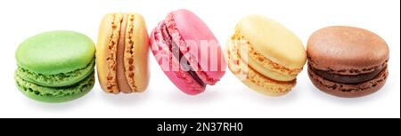 Colorful french macarons isolated on white background. Stock Photo