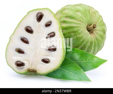 Custard apples or cherimoya fruits and slice of fruit isolated on white background. Stock Photo