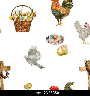 Happy Easter cross egg pigeon pattern watercolor  Stock Photo