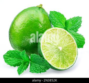Lime fruit and lime slice with mint leaves isolated on white background. Stock Photo
