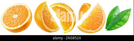 Set of orange fruits, slices and orange leaves isolated on white background. File contains clipping path. Stock Photo