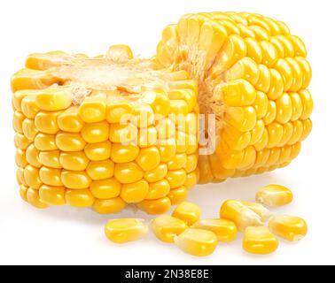 Pieces of maize cob or corn cob and corn seeds isolated on white background. Stock Photo