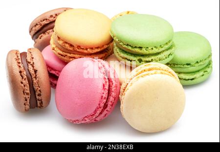 Colorful french macarons isolated on white background. Stock Photo