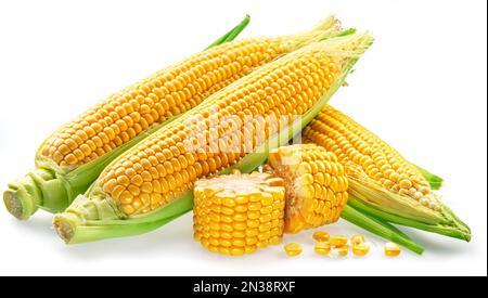 Maize cobs or corn cobs isolated on white background. Stock Photo