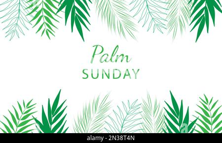 Palm Sunday - greeting banner template for Christian holiday, with palm tree leaves background. Congratulations with first day in Holy Week and symbol Stock Vector