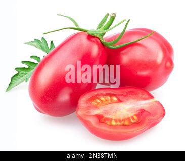 Pink tomatoes (plums) with tomato slice isolated on white background. Stock Photo