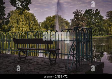 An empty bench in the park overlooking a fountain in the pond Stock Photo