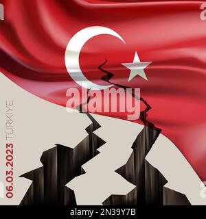 Catastrophic devastating earthquake in south east Turkey. Natural disaster in Kahramanmaras, Turkiye on 06 February 2023. Massive cracks Turkish flag Stock Vector