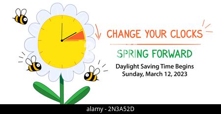 Spring Daylight Saving Time banner. Spring Forward concept in cartoon doodle style with funny clock flower and schedule of changing clocks at march 13 Stock Vector