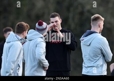 Cardiff, UK. 07th Feb, 2023. George North of Wales gestures during the Wales rugby training session, Vale of Glamorgan on Tuesday 7th February 2023. The team are preparing for the Guinness Six nations championship match against Scotland this weekend . pic by Andrew Orchard/Andrew Orchard sports photography/ Alamy Live News Credit: Andrew Orchard sports photography/Alamy Live News Stock Photo