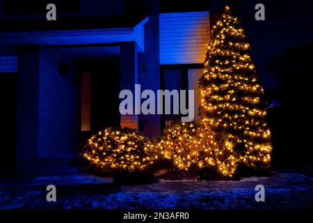 House Decorated with Christmas Lights at Night, Ottawa, Ontario, Canada Stock Photo