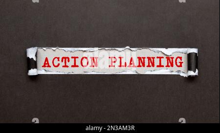 Action plan text on paper in open diary with spectacles, colourful push pin, pen and calculator on the wooden table - business and finance concept Stock Photo