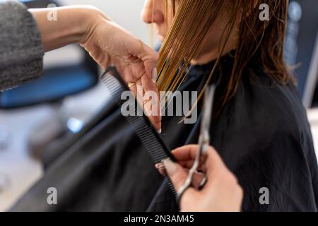 Unrecognizable hairdresser using scissors and comb to cut hair of anonymous client in salon Stock Photo