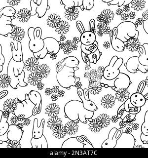 White rabbits coloring page - seamless pattern with 2023 year symbol. Zodiac New Year. Doodle cartoonish animals. Fabric and textile design Stock Vector