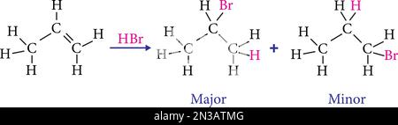 Reaction that observes Markovnikov’s rule is the addition of hydrobromic acid (HBr) to propene, vector image Stock Vector