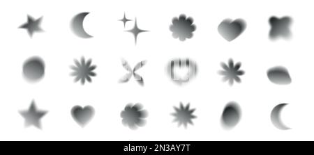 Abstract blurred gradients hearts and flowers set. Soft monochrome graphic elements collection.Y2k aesthetics aura. Vector isolated illustration Stock Vector