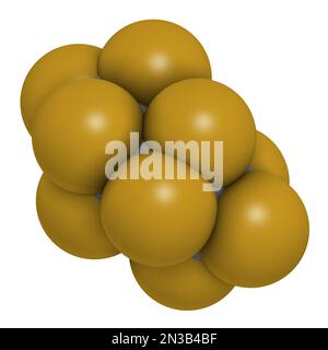 Perfluorobutane molecule. 3D rendering. Atoms are represented as spheres with conventional color coding:  carbon (grey), fluorine (gold). Stock Photo