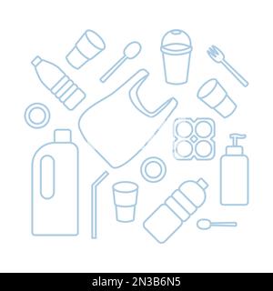Plastic objects set. Plastic pollution, recycling, environmentally unfriendly objects. Stock Vector