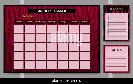 Monthly planner with To Do list on zebra backdrop. Stock Vector