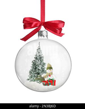 Beautiful glass ball with cute snowman toy, Christmas tree and gifts isolated on white Stock Photo