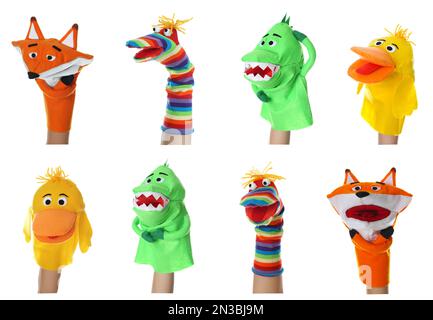 Collage with photos of different puppets for show on hands against white background Stock Photo