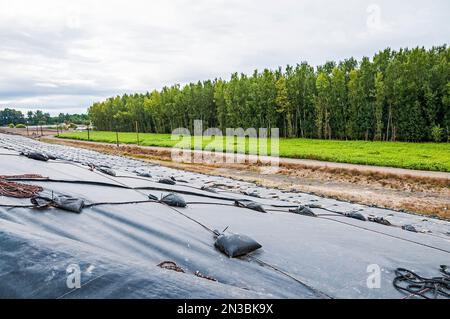 Weighted plastic sheeting covers a hillside in an active landfill.  Probably PVC geomembranes. Stock Photo