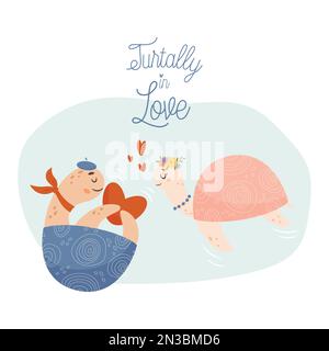 Turtally in love. Turtles couple in love. Valentine's day card concept. Vector Illustration Stock Vector