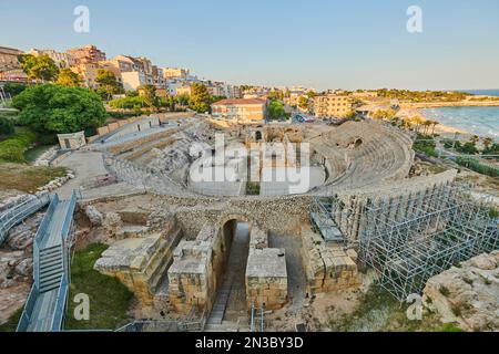 Ancient Tarragona Amphitheatre (Amfiteatre Romà - Circ Roma) in the port city of Tarragona; Tarragona, Catalonia, Spain Stock Photo