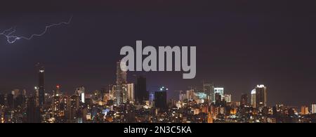 Panoramic photo of a Beirut City at Night. Thunderstorm and Lightning over Beautiful Cityscape. Nighttime View. Lebanon. Stock Photo