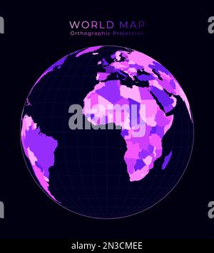 World Map. Orthographic projection. Digital world illustration. Bright pink neon colors on dark background. Elegant vector illustration. Stock Vector