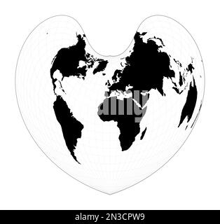 Map of the world illustration. Bonne pseudoconical equal-area projection. Plan world geographical map with graticlue lines. Vector illustration. Stock Vector