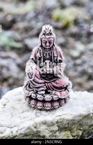 Frost on small Buddha statue in garden; Sitka, Alaska, United States of America Stock Photo