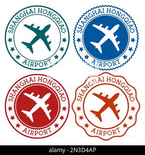 Shanghai Hongqiao Airport. Shanghai airport logo. Flat stamps in material color palette. Vector illustration. Stock Vector