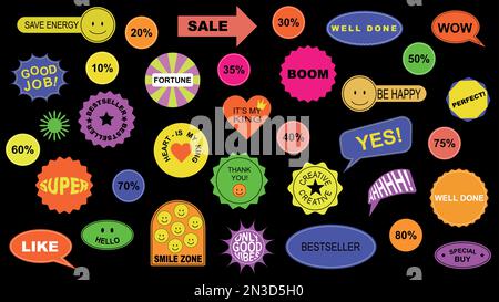 Big set abstract modern acid pop art sticker pack shape. Stock Vector