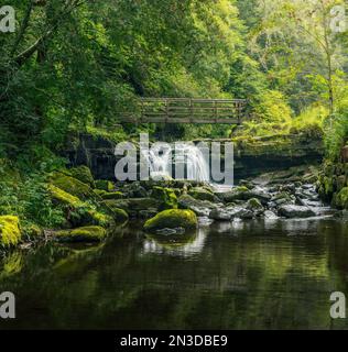 Small waterfall flowing beneath a rustic wooden bridge as it pours over a layered rocky shelf, framed by overhanging trees Stock Photo