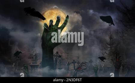 Scary zombies and monsters arising from graves at old foggy cemetery under full moon on Halloween night Stock Photo