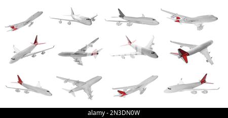 Set of different toy airplanes isolated on white Stock Photo