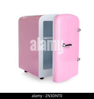 Open pink cosmetics refrigerator isolated on white Stock Photo