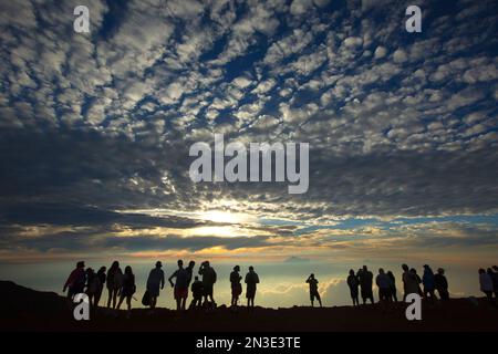 Silhouette of people watching the sunset from the top of Haleakala in Haleakala National Park; Maui, Hawaii, United States of America Stock Photo