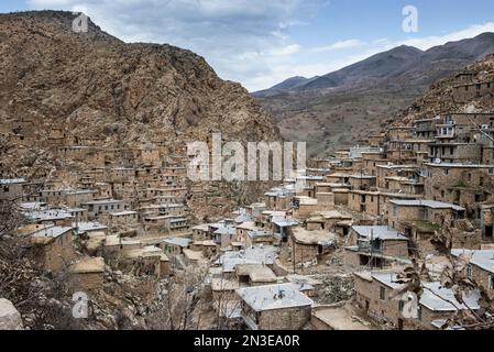 View through the ancient, mountainside village of Palangan in the Zagros Mountains; Kermanshah, Iran Stock Photo