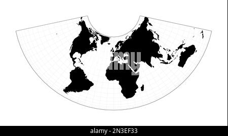 World map with latitude lines. Albers conic equal-area projection. Plan world geographical map with graticlue lines. Vector illustration. Stock Vector