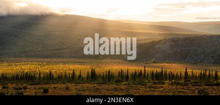 Beams of light at sunset near the arctic circle in the north of Yukon Territory. Autumn turns the foliage a multitude of colours creating a beautif... Stock Photo