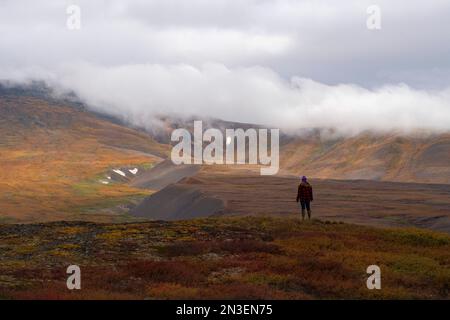 Woman walking in the tundra along the Dempster Highway and enjoying the fall colors in amazing scenery in Canada's Yukon; Dawson City, Yukon, Canada Stock Photo