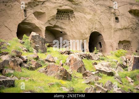 Cave dwellings viewed from hike along the Ihlara Valley in Aksaray Province; Cappadocia, Turkey Stock Photo