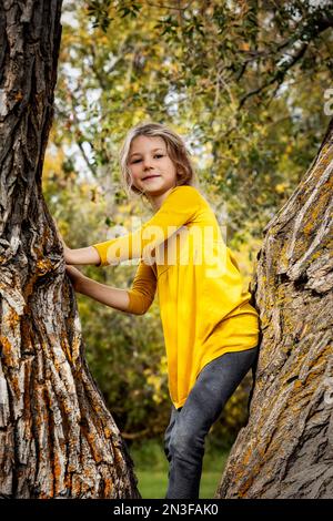 Young girl playing in a large tree and posing for a picture in a city park on a warm fall afternoon; St. Albert, Alberta, Canada Stock Photo
