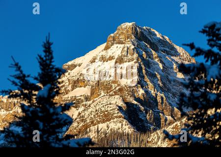 Snow-covered mountain llit with the warm colourful light at sunrise framed by silhouetted evergreen trees and blue sky in Banff National Park Stock Photo