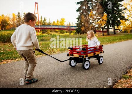 Young boy pulling his sister in a wagon at a city park along a river during the fall season; St. Albert, Alberta, Canada Stock Photo